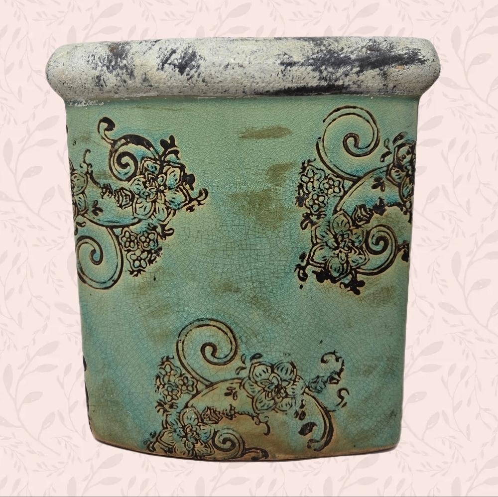 Turquoise Orchid rectangle Vase Distressed Patina Look Cottage Core Farmhouse
